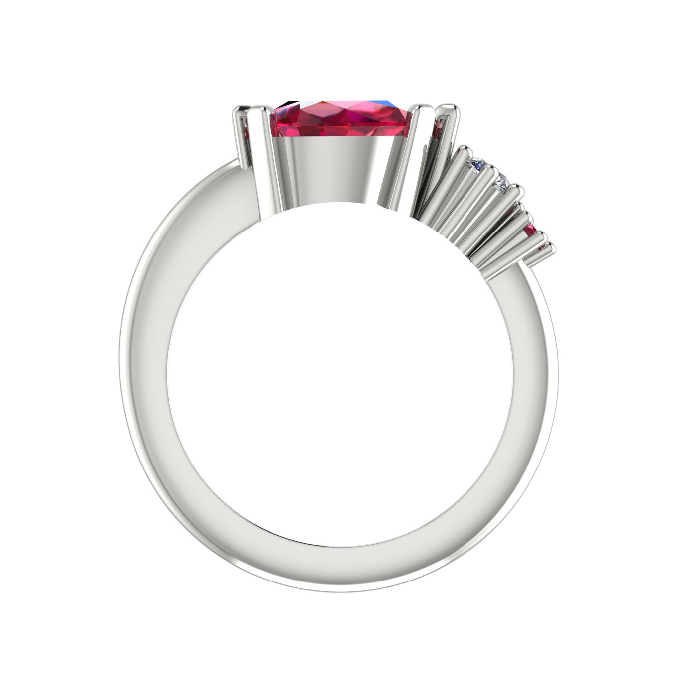 Pear shaped ruby, diamond and ruby accent asymmetrical Comet engagement ring in 18ct white gold, front view showing diamond and ruby accent detail