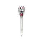 Pear shaped ruby, diamond and ruby accent asymmetrical Comet engagement ring in 18ct white gold, side profile view
