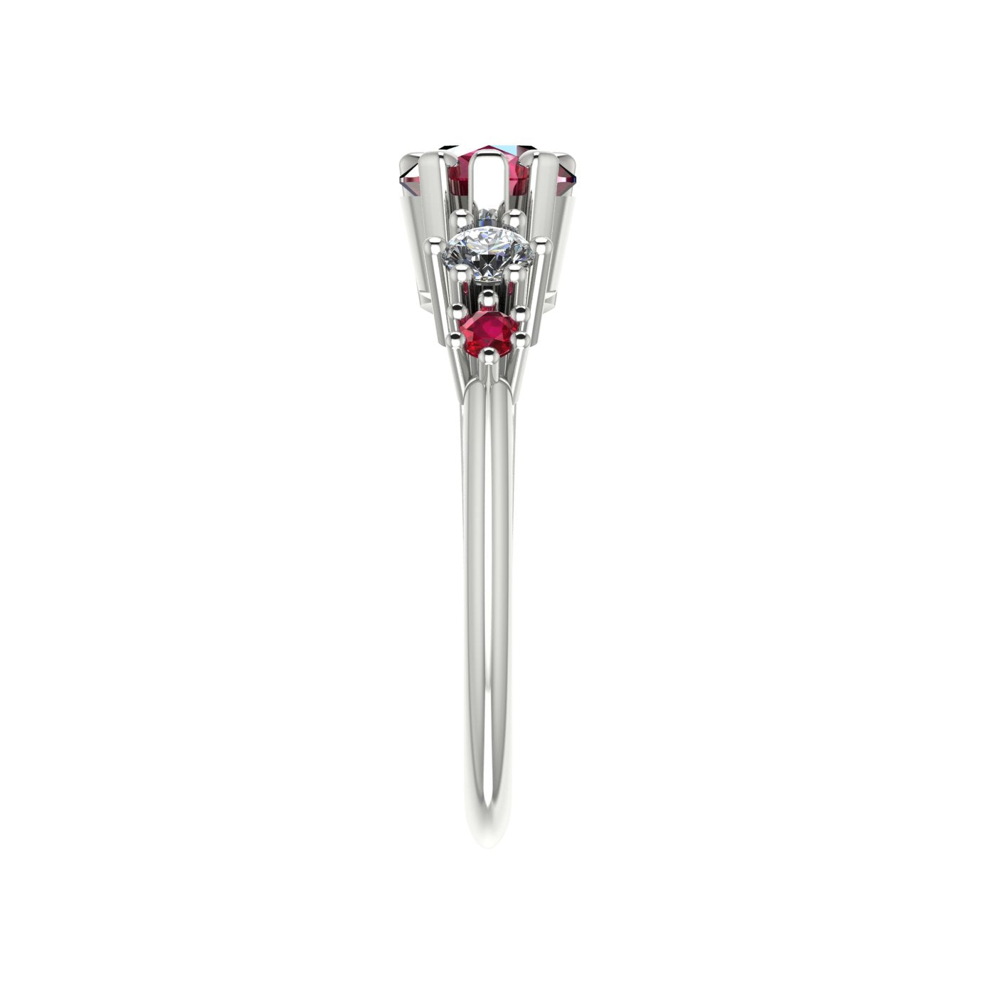 Pear shaped ruby, diamond and ruby accent asymmetrical Comet engagement ring in 18ct white gold, side profile view