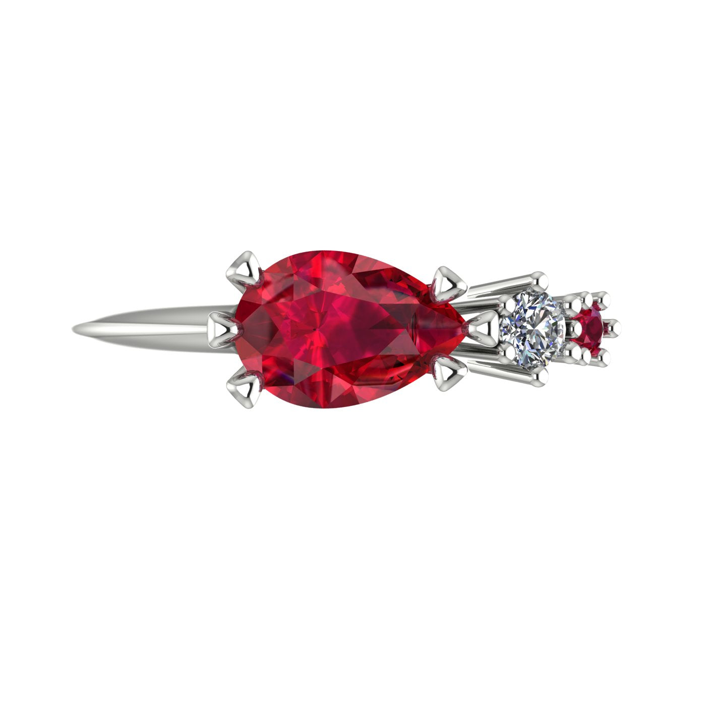 Pear shaped ruby, diamond and ruby accent asymmetrical Comet engagement ring in 18ct white gold, top view showing east-west setting