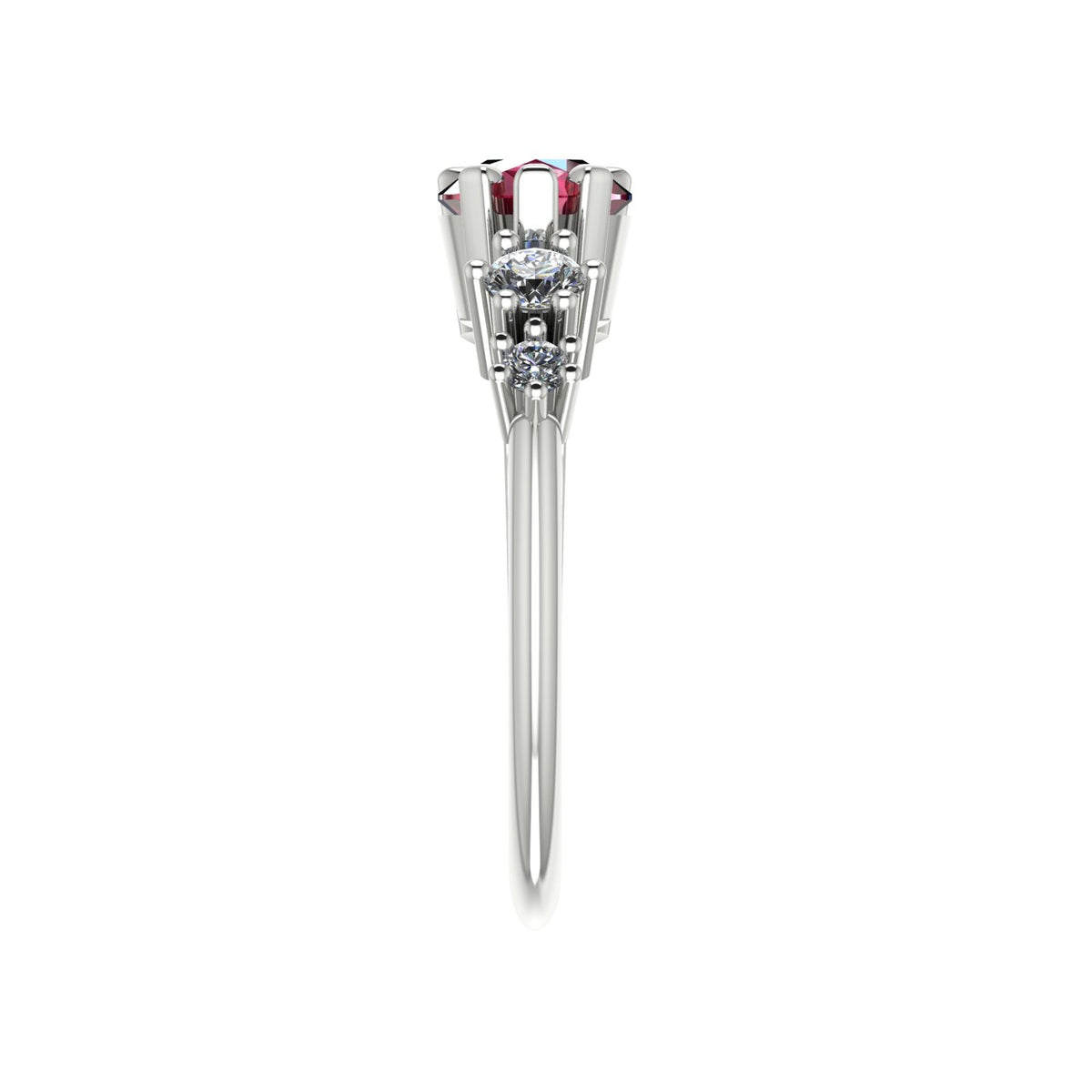 Pear shaped ruby and two diamond asymmetrical Comet engagement ring in 18ct white gold, side profile view