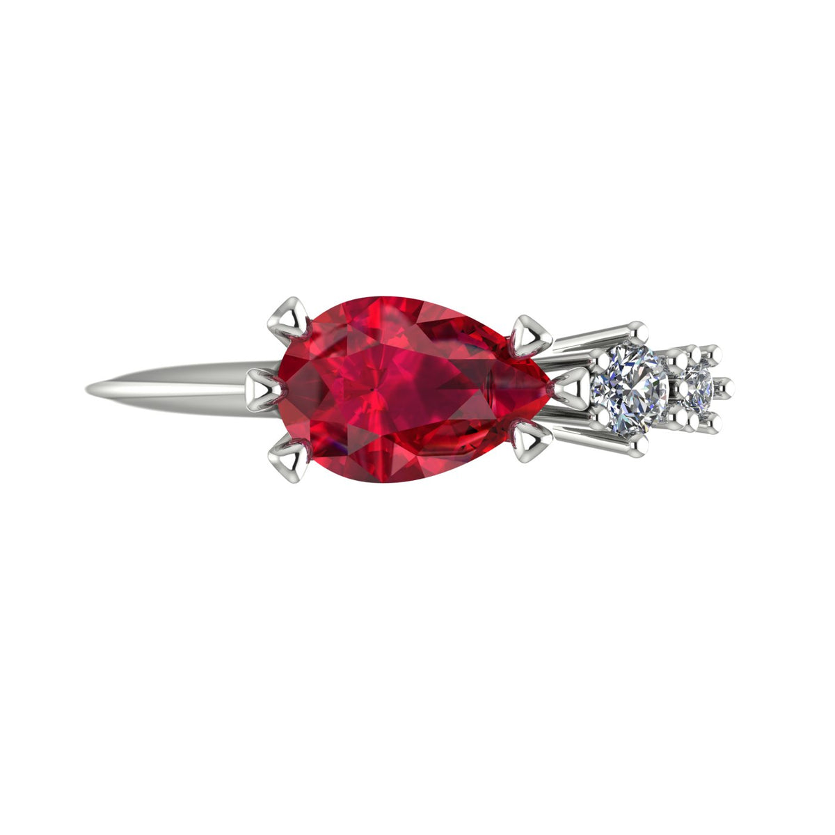 Pear shaped ruby and two diamond asymmetrical Comet engagement ring in 18ct white gold, top view showing east-west setting