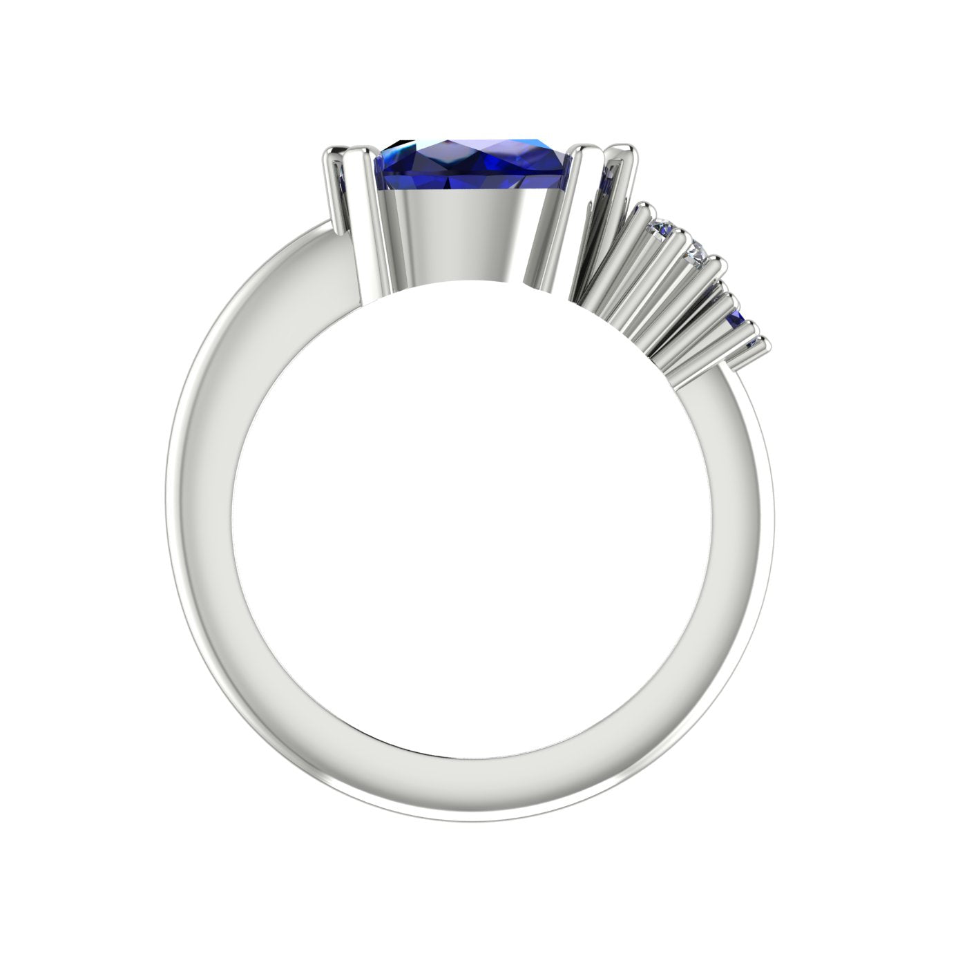 Pear shaped blue sapphire and diamond asymmetrical Comet engagement ring in 18ct white gold, front view showing diamond and sapphire accent detail