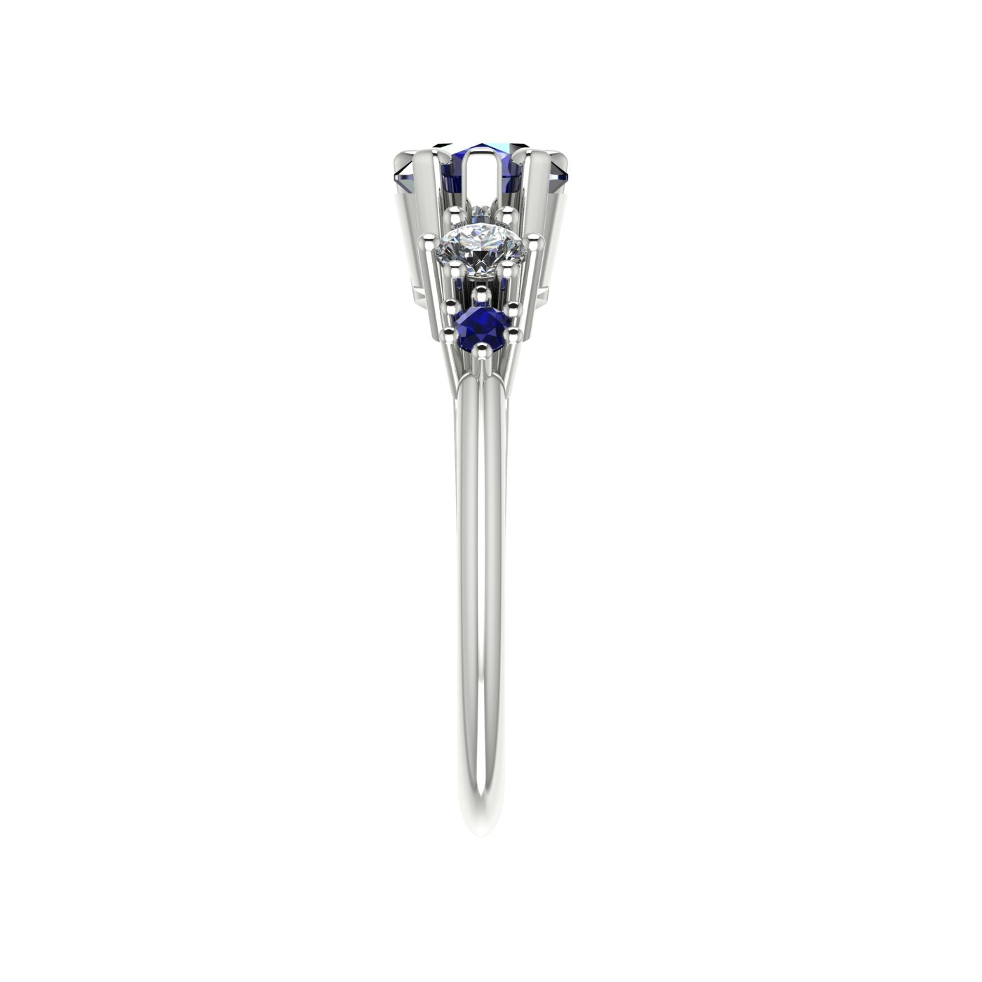 Pear shaped blue sapphire and diamond asymmetrical Comet engagement ring in 18ct white gold, side profile view