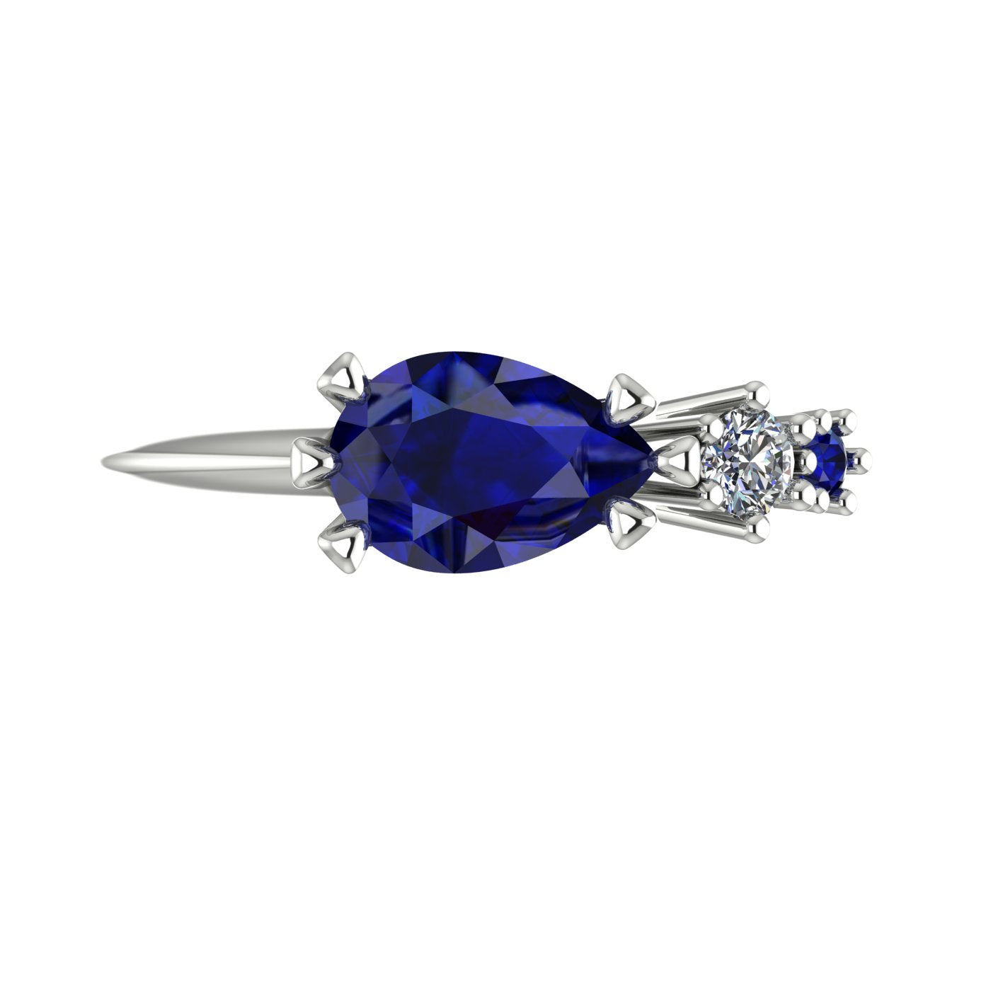 Pear shaped blue sapphire and diamond asymmetrical Comet engagement ring in 18ct white gold, top view showing east-west setting