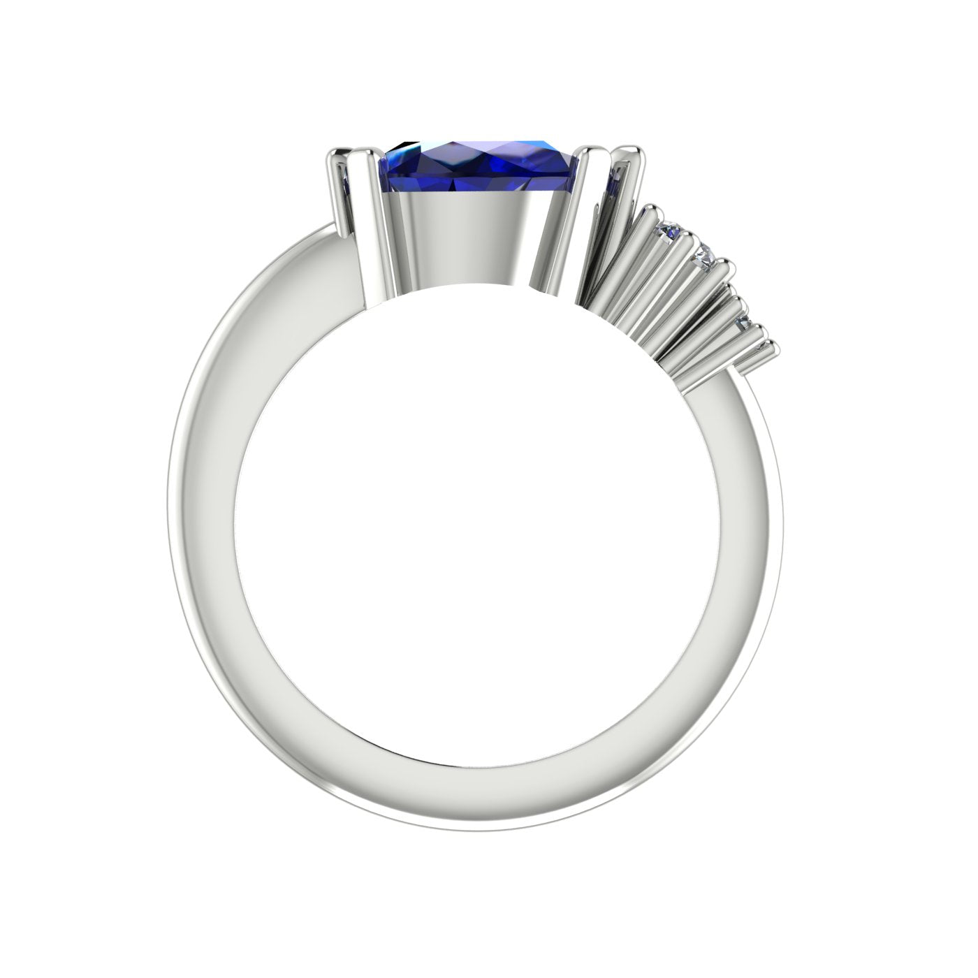 Pear shaped blue sapphire and two diamond asymmetrical Comet engagement ring in 18ct white gold, front view showing diamond accent detail