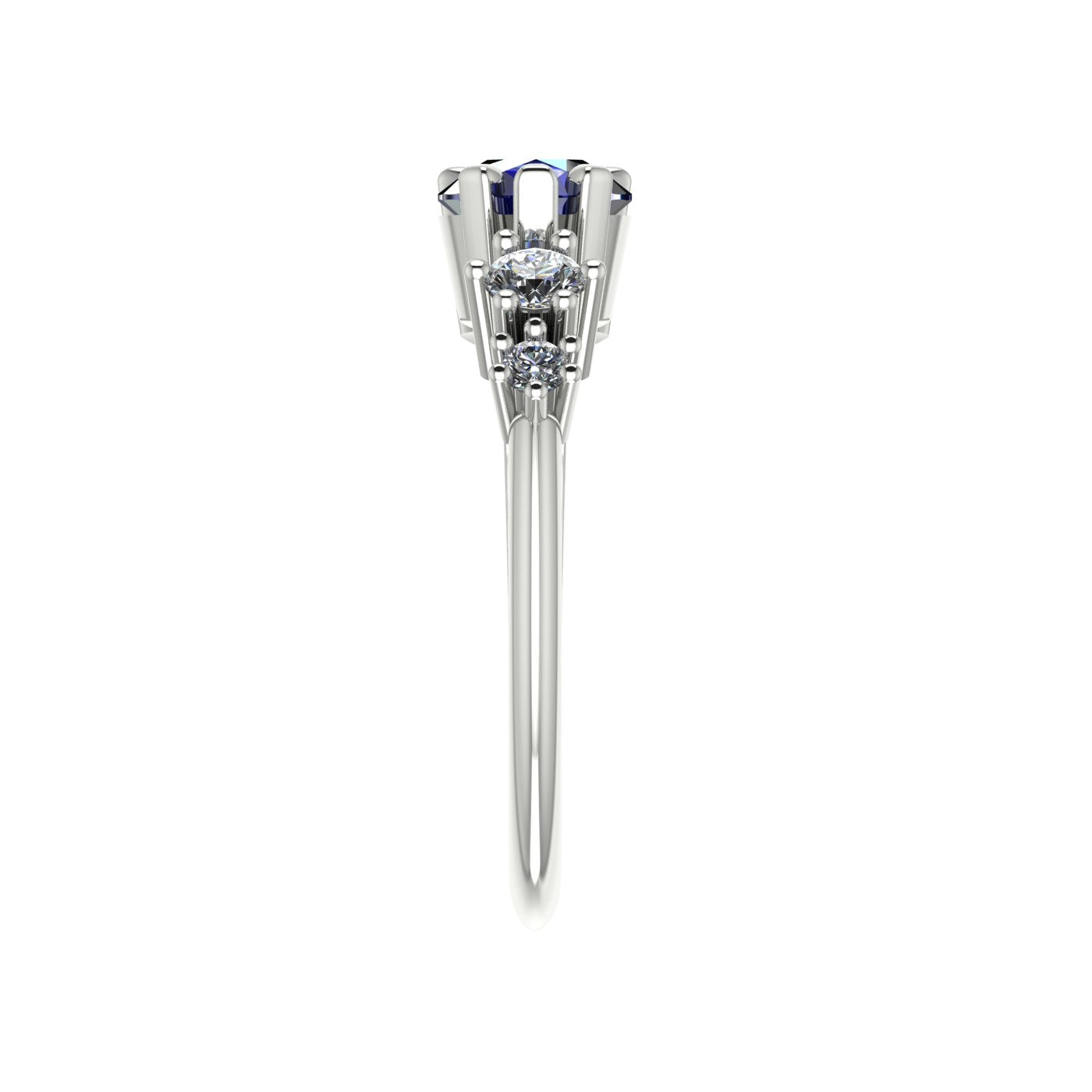 Pear shaped blue sapphire and two diamond asymmetrical Comet engagement ring in 18ct white gold, side profile view