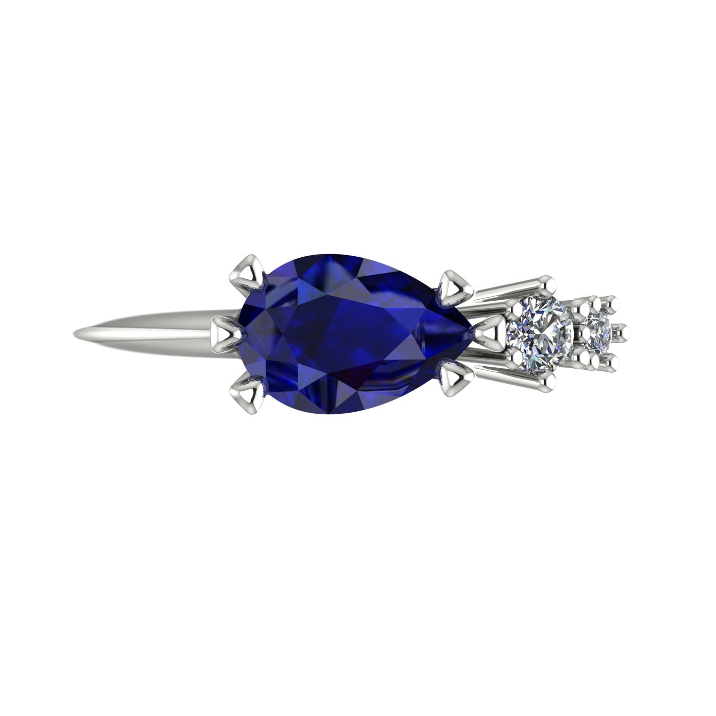 Pear shaped blue sapphire and two diamond asymmetrical Comet engagement ring in 18ct white gold, top view showing east-west setting