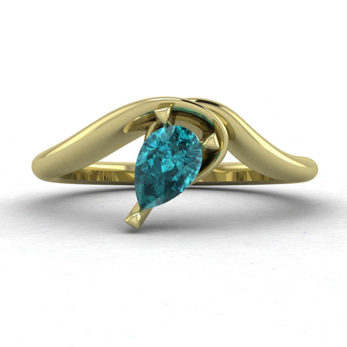 Enchanted pear-shaped teal sapphire asymmetrical solitaire engagement ring front view — ocean-toned teal sapphire in sculptural recycled 18ct yellow gold band by Nude Jewellery