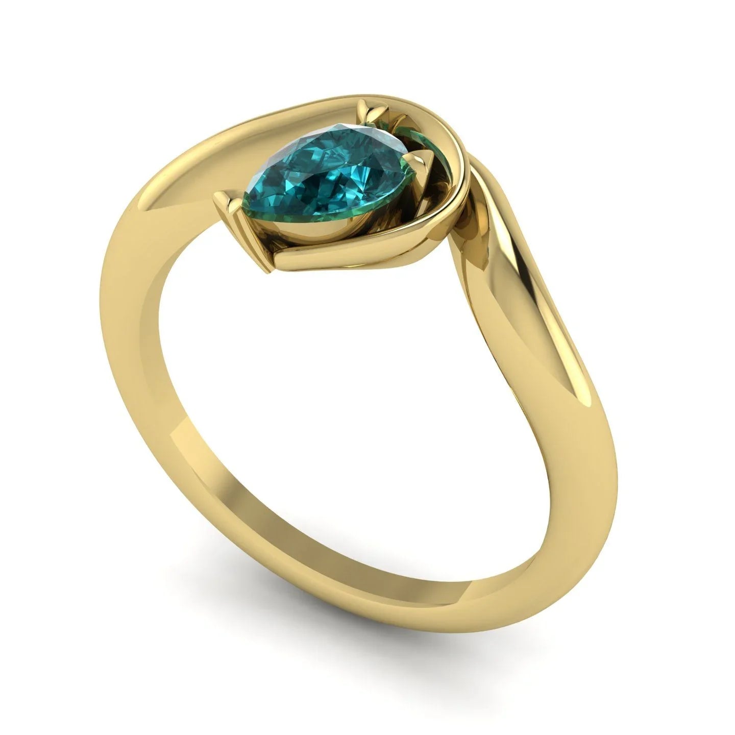 Enchanted pear-shaped teal sapphire asymmetrical solitaire engagement ring three-quarter view — showing asymmetric setting and blue-green stone in yellow gold by Nude Jewellery