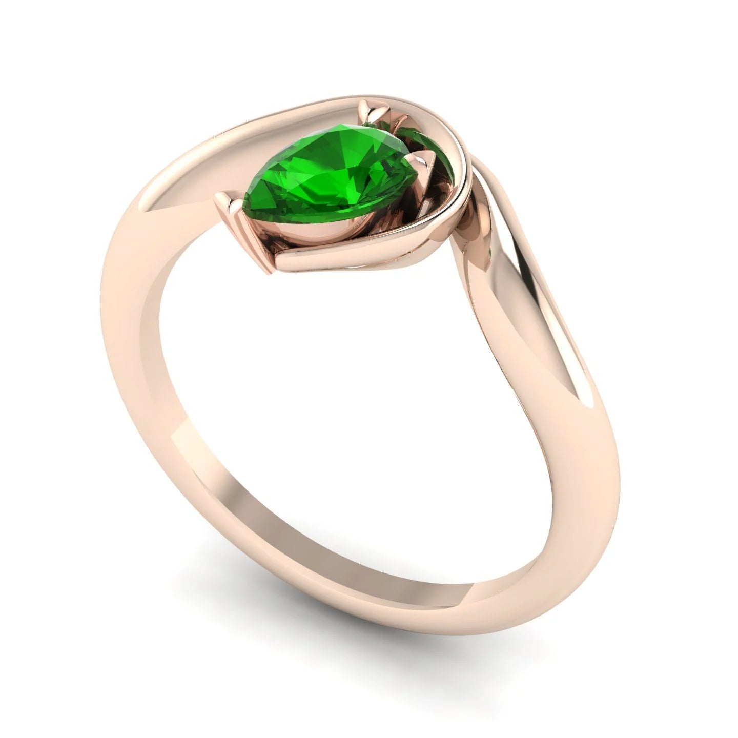 Enchanted pear-shaped tsavorite asymmetrical solitaire engagement ring three-quarter view — vivid forest-green tsavorite in sculptural recycled 18ct rose gold band by Nude Jewellery