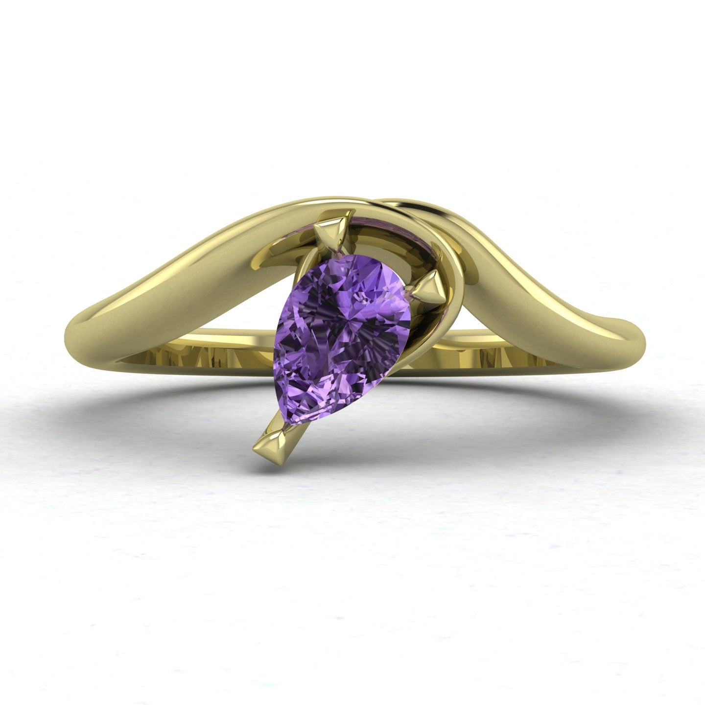 Enchanted pear-shaped violet sapphire asymmetrical solitaire engagement ring front view — ethereal lavender sapphire in sculptural recycled 18ct yellow gold band by Nude Jewellery