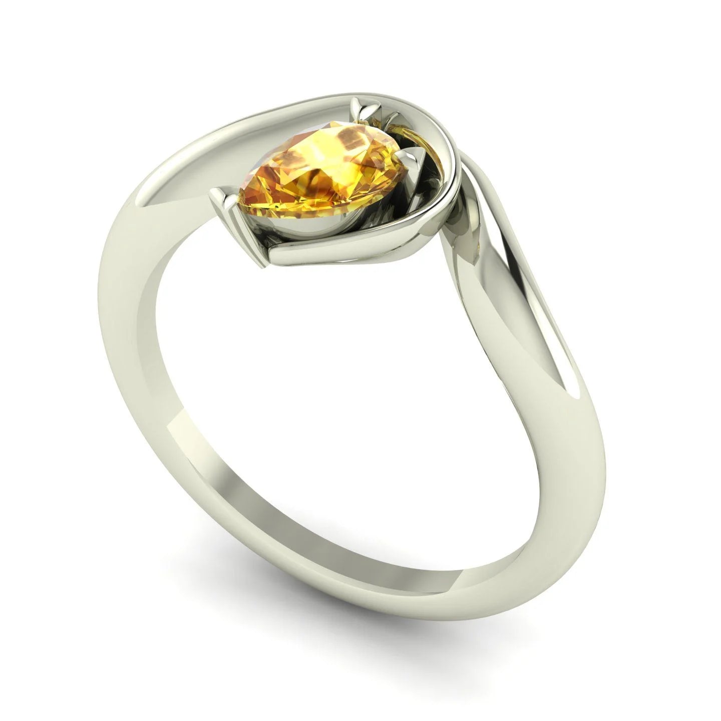 Enchanted pear-shaped yellow sapphire asymmetrical solitaire engagement ring three-quarter view — sculptural organic band in recycled 18ct white gold by Nude Jewellery
