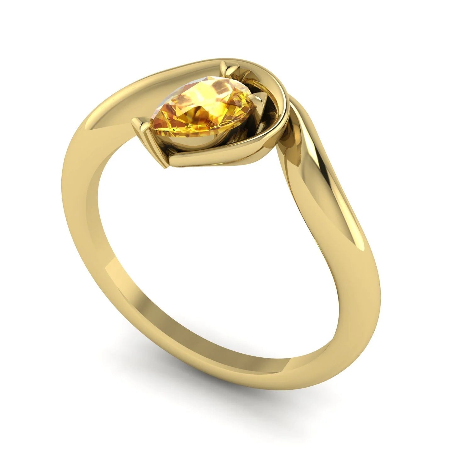 Enchanted pear-shaped yellow sapphire asymmetrical solitaire engagement ring three-quarter view — sculptural organic band in recycled 18ct yellow gold by Nude Jewellery