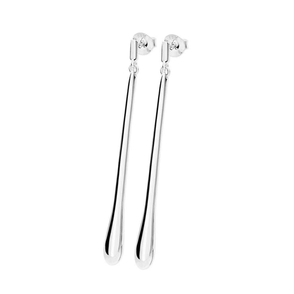 Long Drip Silver Stud Earrings — pair on white background showing polished elongated droplet drops with butterfly backs by Nude Jewellery