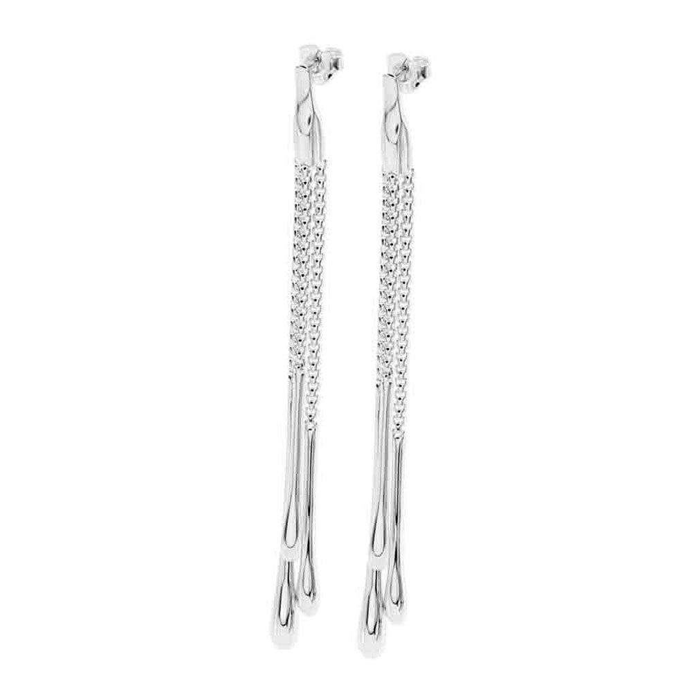 Drip drop earrings in silver — pair shown on white background, featuring chain fringe and tapered bar drops