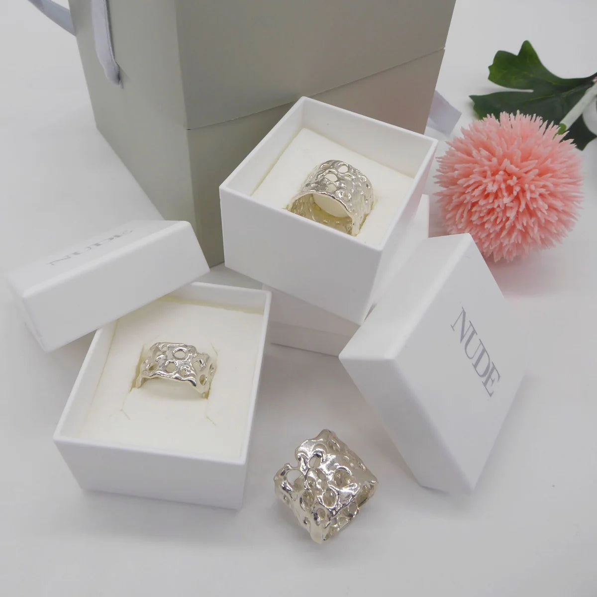 Origin Honeycomb Cuff Ring in recycled sterling silver presented in Nude Jewellery packaging