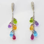A pair of 18ct yellow gold drop earrings featuring clusters of pastel briolette gemstones and brilliant-cut diamonds.