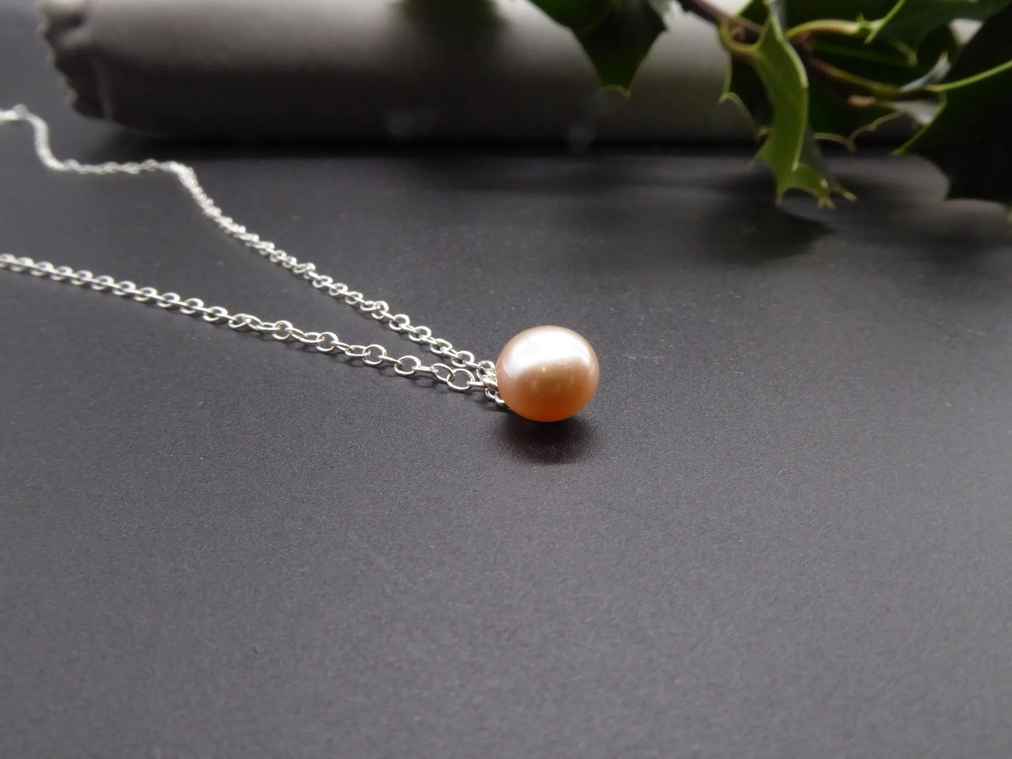 Single Peach Pearl Pendant On A Silver Chain, Modern & Dainty