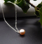 Single Peach Pearl Pendant On A Silver Chain, Modern & Dainty