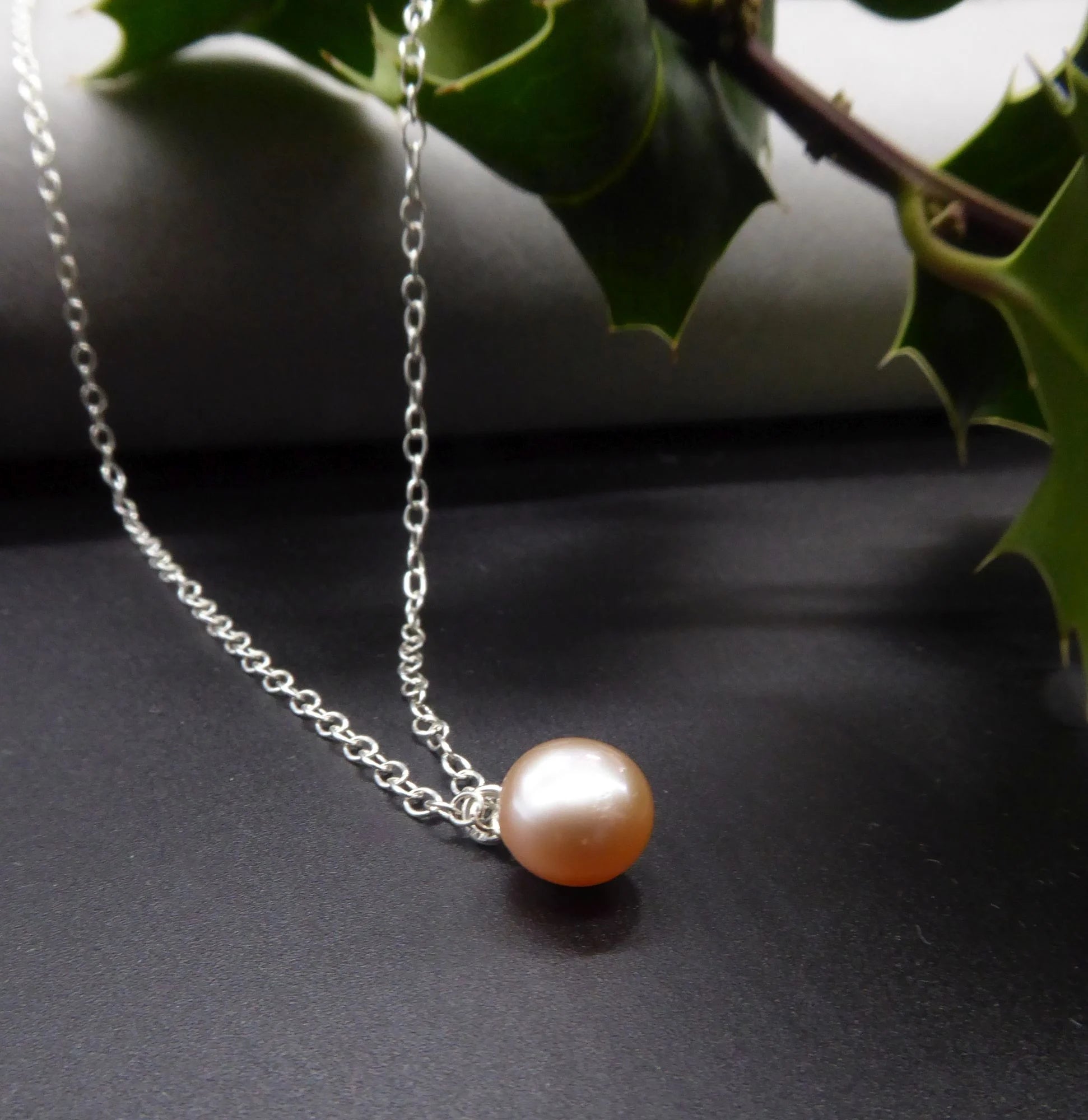 Single Peach Pearl Pendant On A Silver Chain, Modern & Dainty