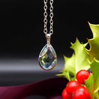Front view of a pear-shaped aquamarine and diamond pendant in 18ct white gold.