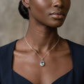A model wearing the pear-shaped aquamarine and diamond 18ct white gold necklace.