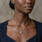 A model wearing the pear-shaped aquamarine and diamond 18ct white gold necklace.