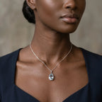 A model wearing the pear-shaped aquamarine and diamond 18ct white gold necklace.