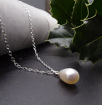 White Pearl Drop Pendant - Silver Chain