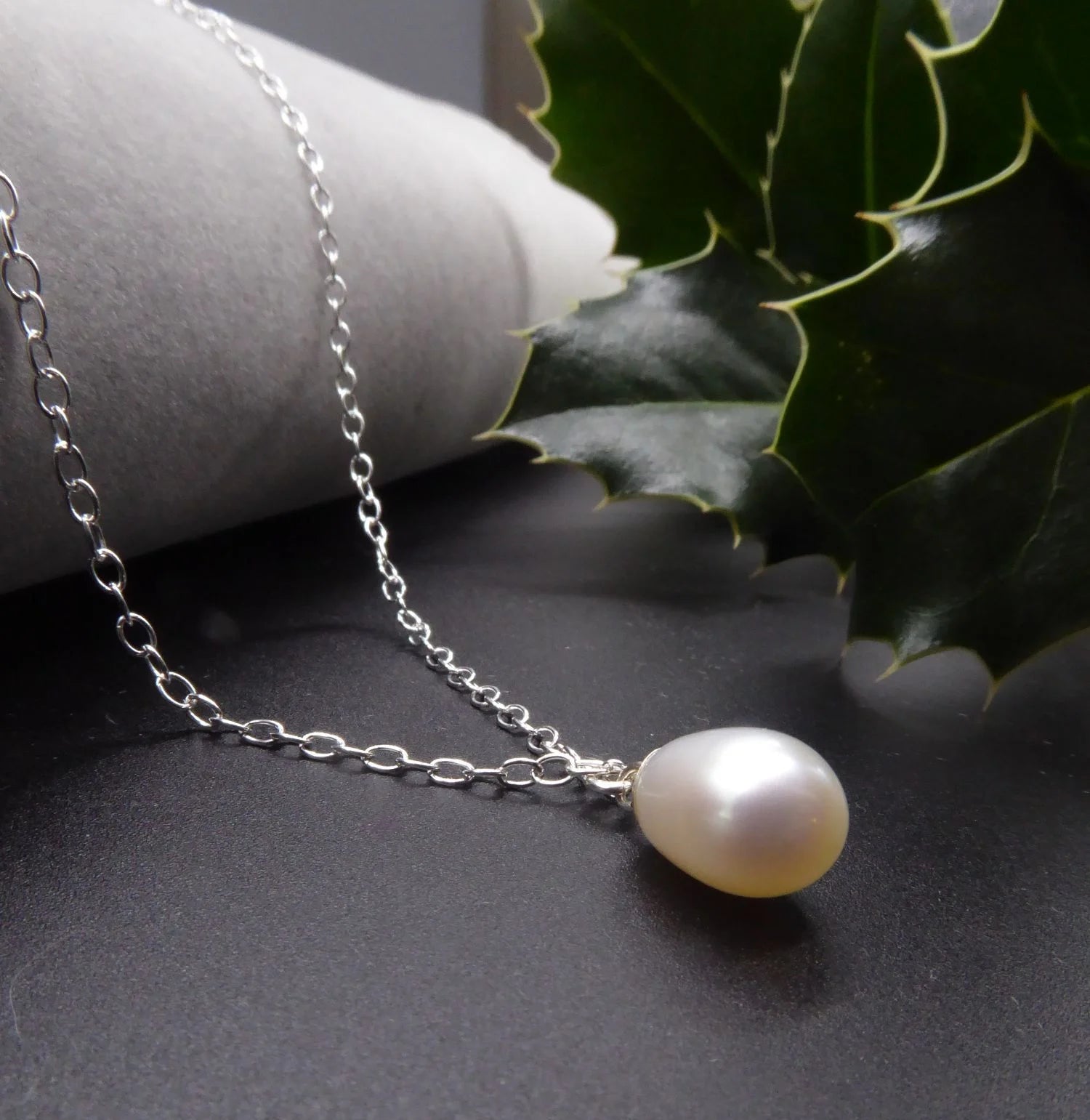 White Pearl Drop Pendant - Silver Chain