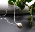 White Pearl Drop Pendant - Silver Chain