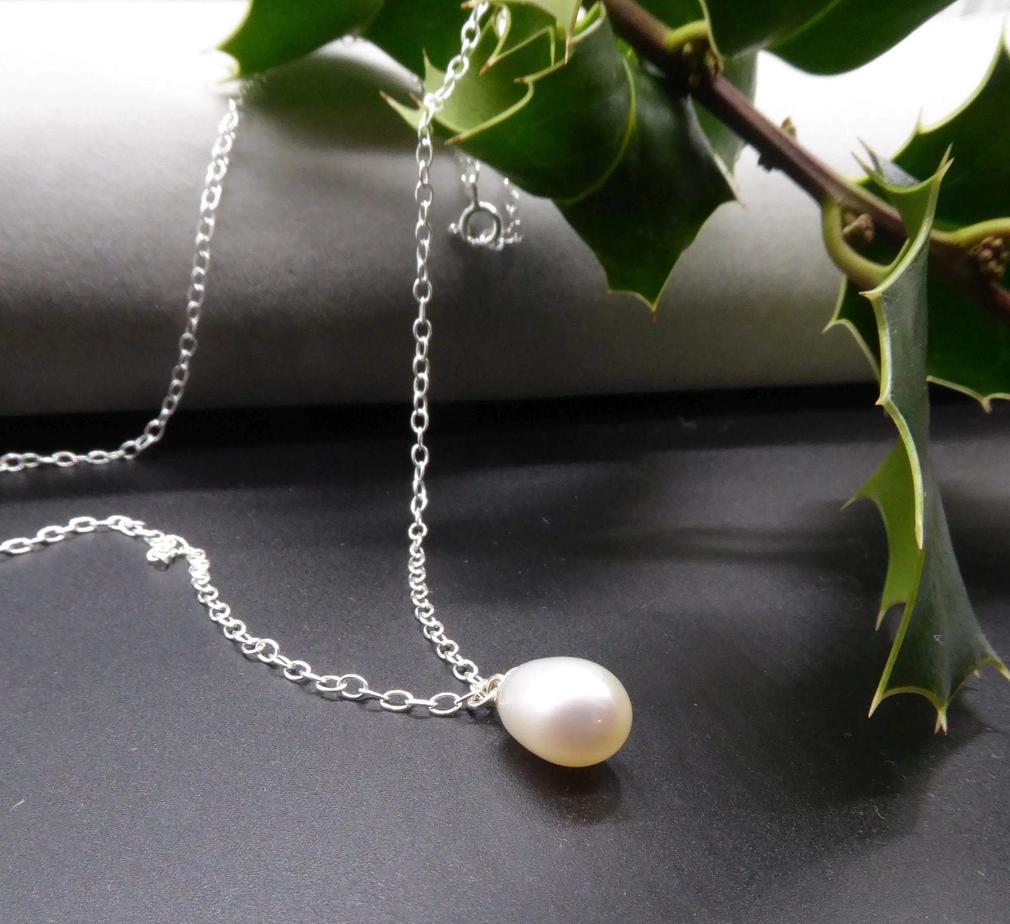 White Pearl Drop Pendant - Silver Chain