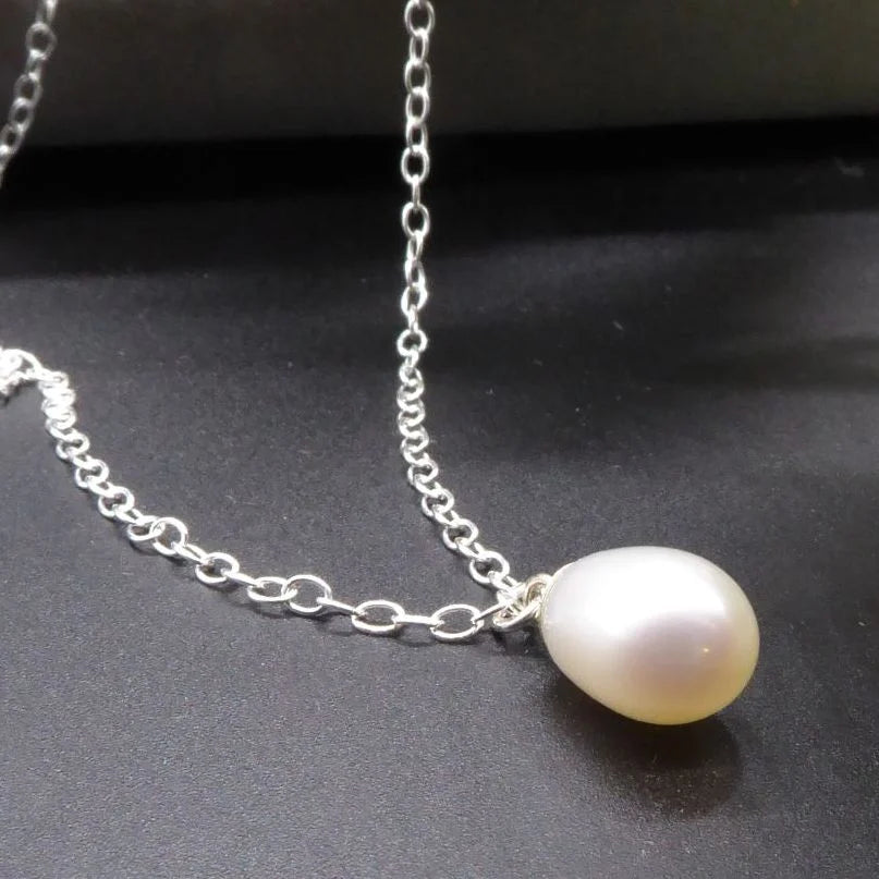 White Pearl Drop Pendant - Silver Chain