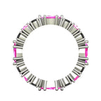 Side view of a handmade white gold eternity ring showing alternating sapphire and diamond settings