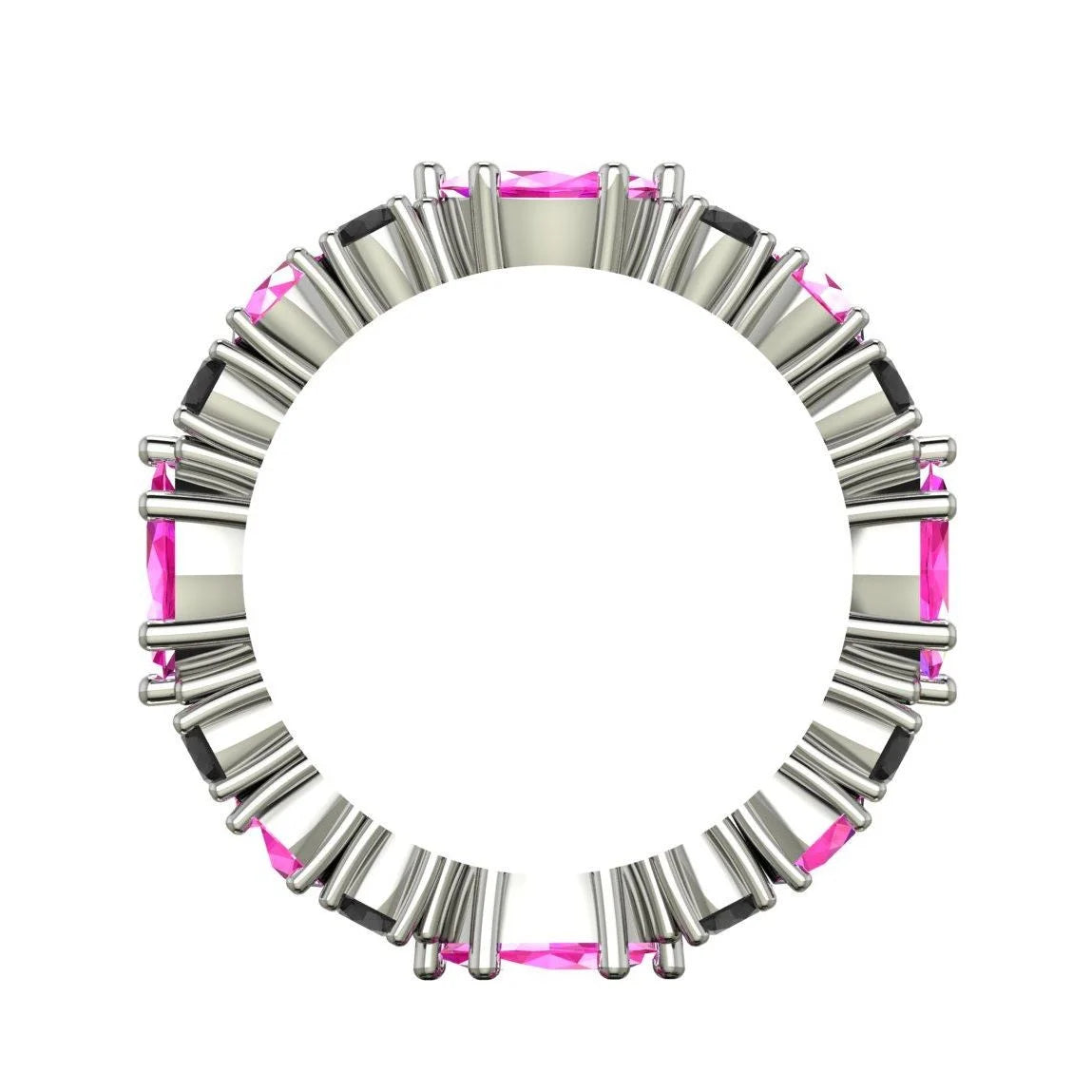 Side view of a handmade white gold eternity ring showing alternating sapphire and diamond settings
