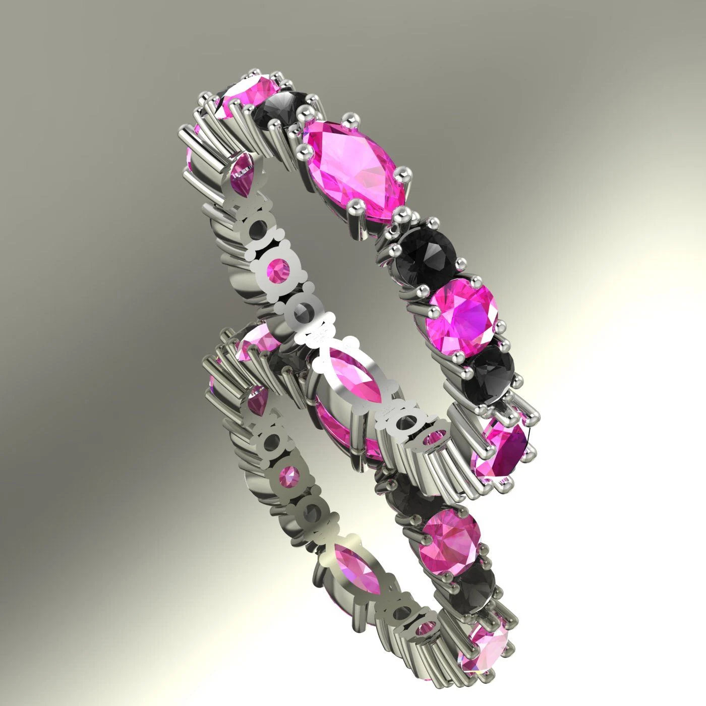 Handmade white gold eternity ring with pink sapphires and black diamonds