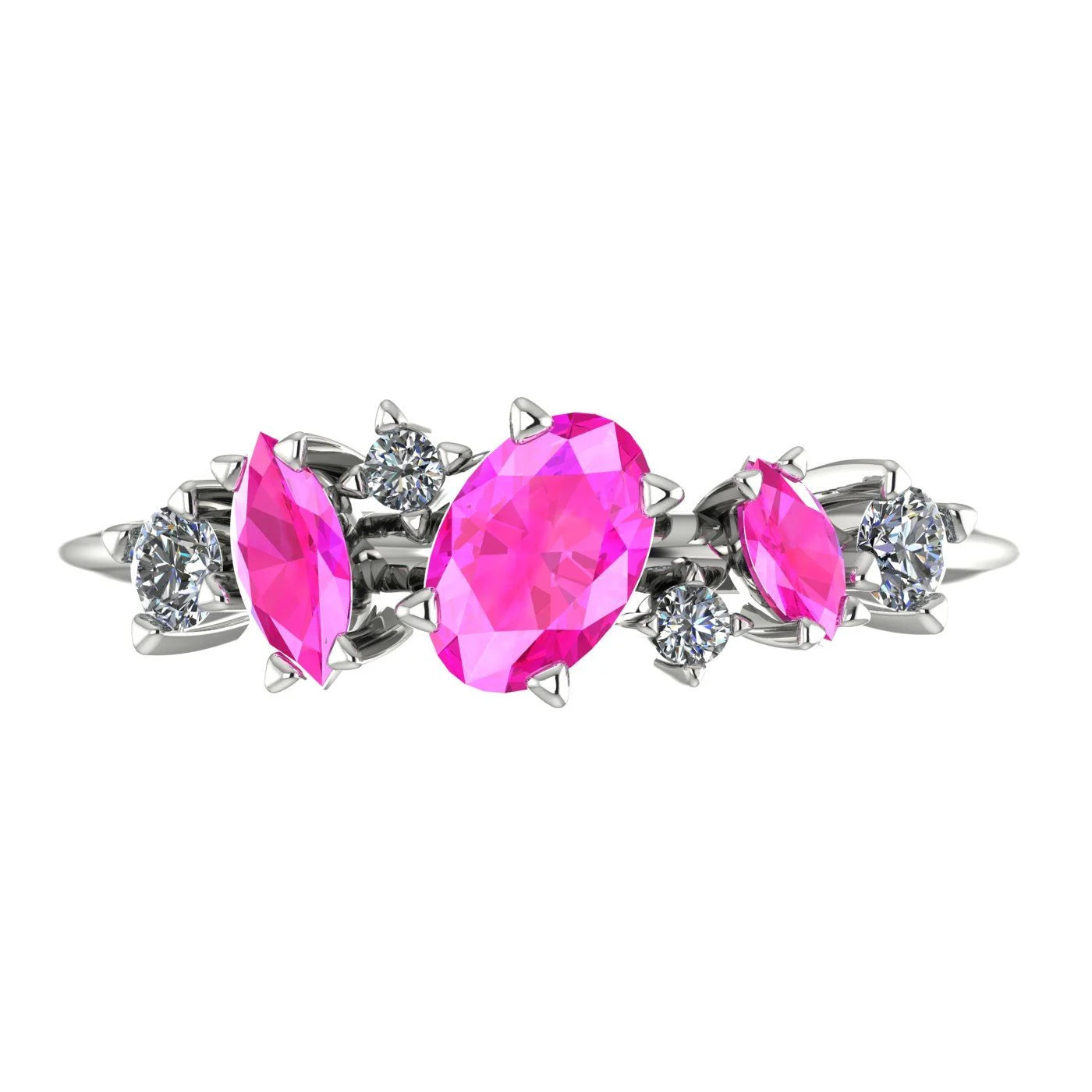 Front view of the 18ct rose gold Atlantis Paradise ring featuring a central pink sapphire and an asymmetrical cluster of sparkling diamonds.