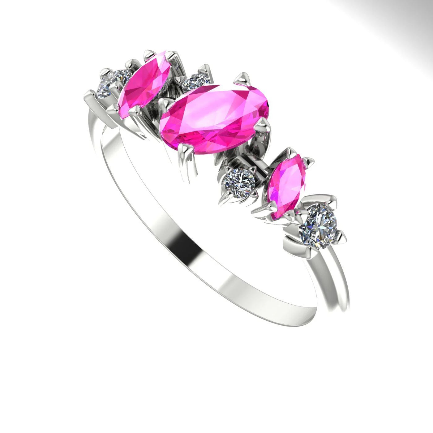 An angled view of the Atlantis Paradise ring highlighting the "beautiful chaos" of the pink sapphire and diamond arrangement.