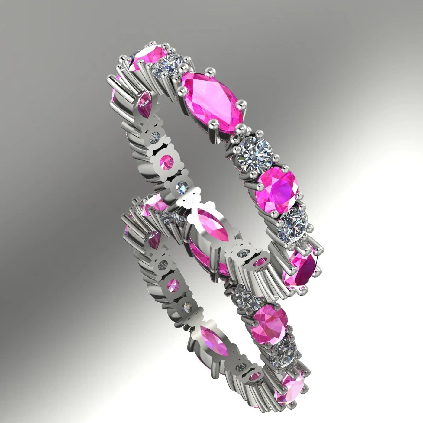18ct white gold eternity ring featuring alternating marquise pink sapphires and white diamonds in a claw setting.