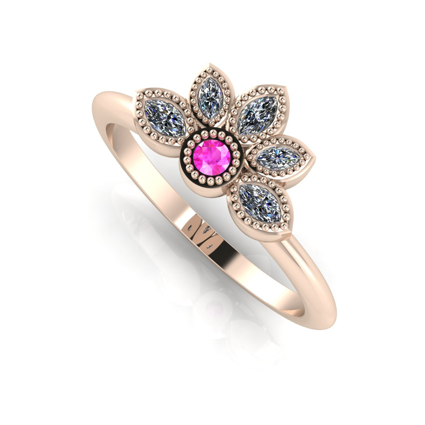 Angled perspective of a pink sapphire and diamond cluster ring in 18ct rose gold with fine milgrain textured edges.