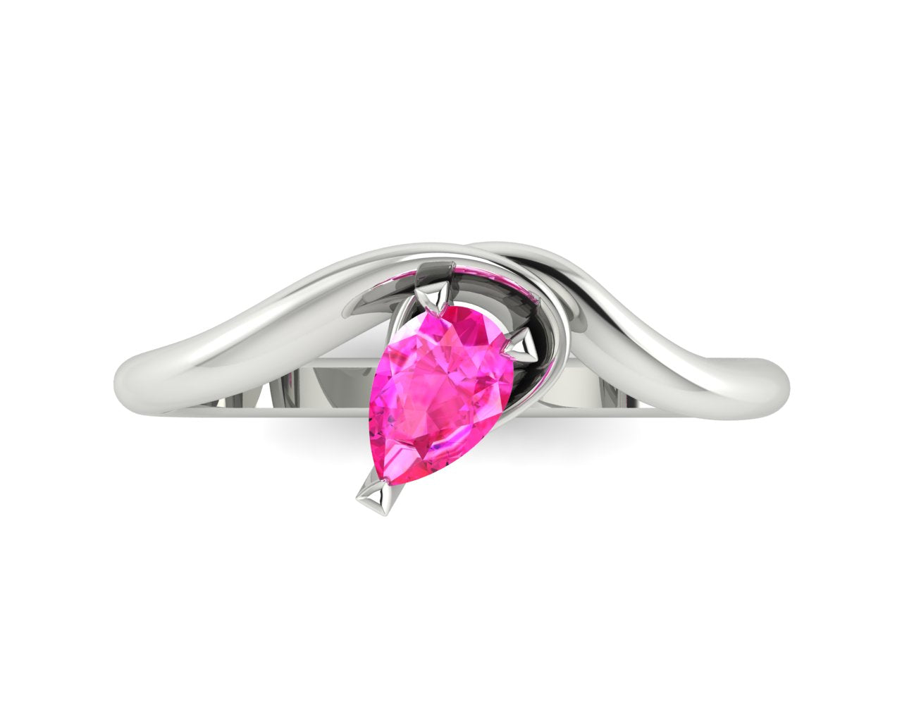 Enchanted Pear Shaped Solitaire Pink Sapphire Asymmetrical White Gold or Platinum Ring