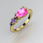 Pear Shaped Pink, Violet & Blue Sapphire Asymmetrical Comet Ring Yellow Gold