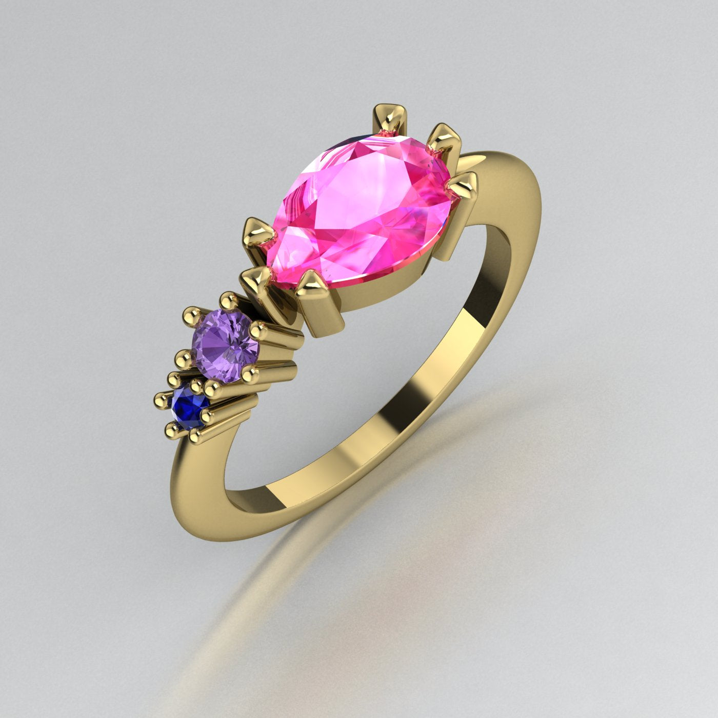 Pear Shaped Pink, Violet & Blue Sapphire Asymmetrical Comet Ring Yellow Gold