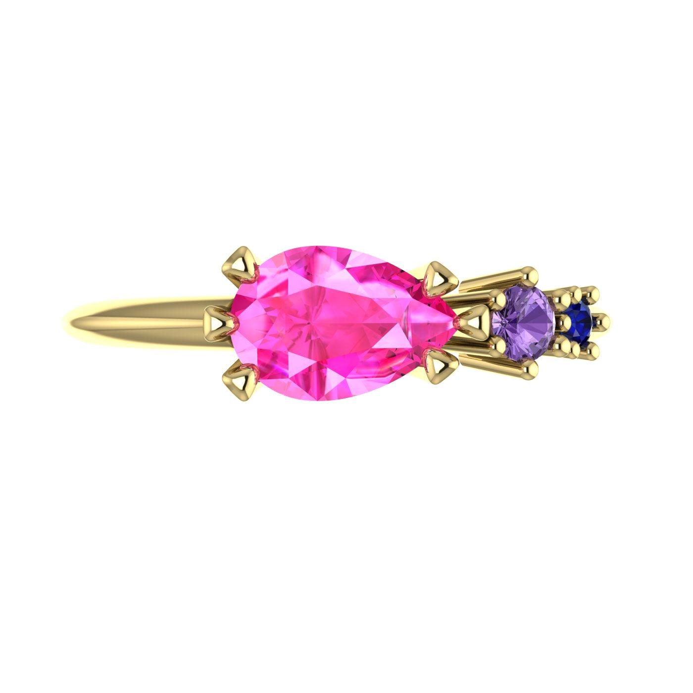 Pear Shaped Pink, Violet & Blue Sapphire Asymmetrical Comet Ring Yellow Gold