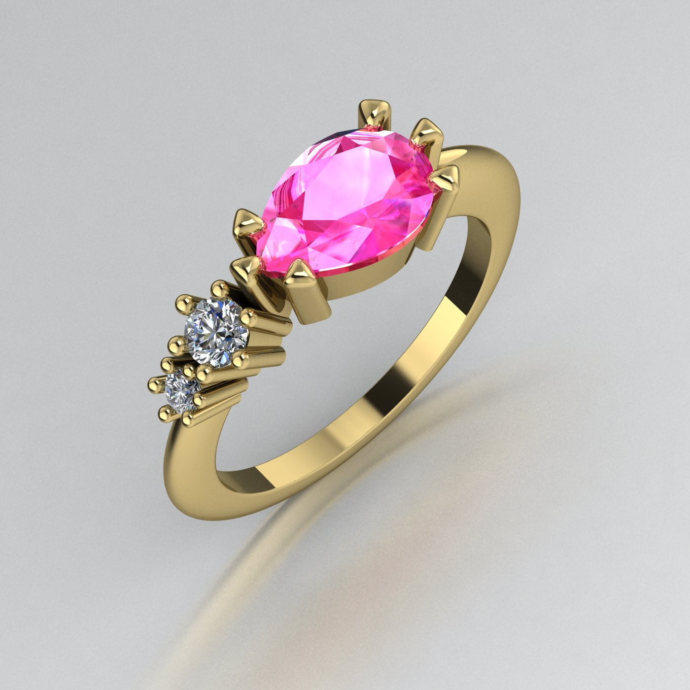 Comet Ring: Pear Shaped Pink Sapphire & Diamonds Asymmetrical Trilogy Ring
