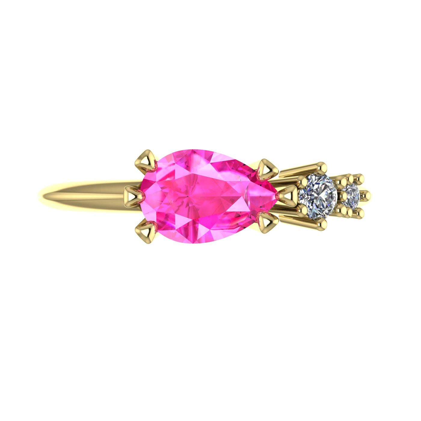 Comet Ring: Pear Shaped Pink Sapphire & Diamonds Asymmetrical Trilogy Ring