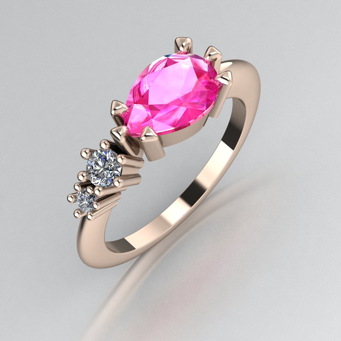 Comet Ring: Pear Shaped Pink Sapphire & Diamonds Rose Gold Trilogy Ring