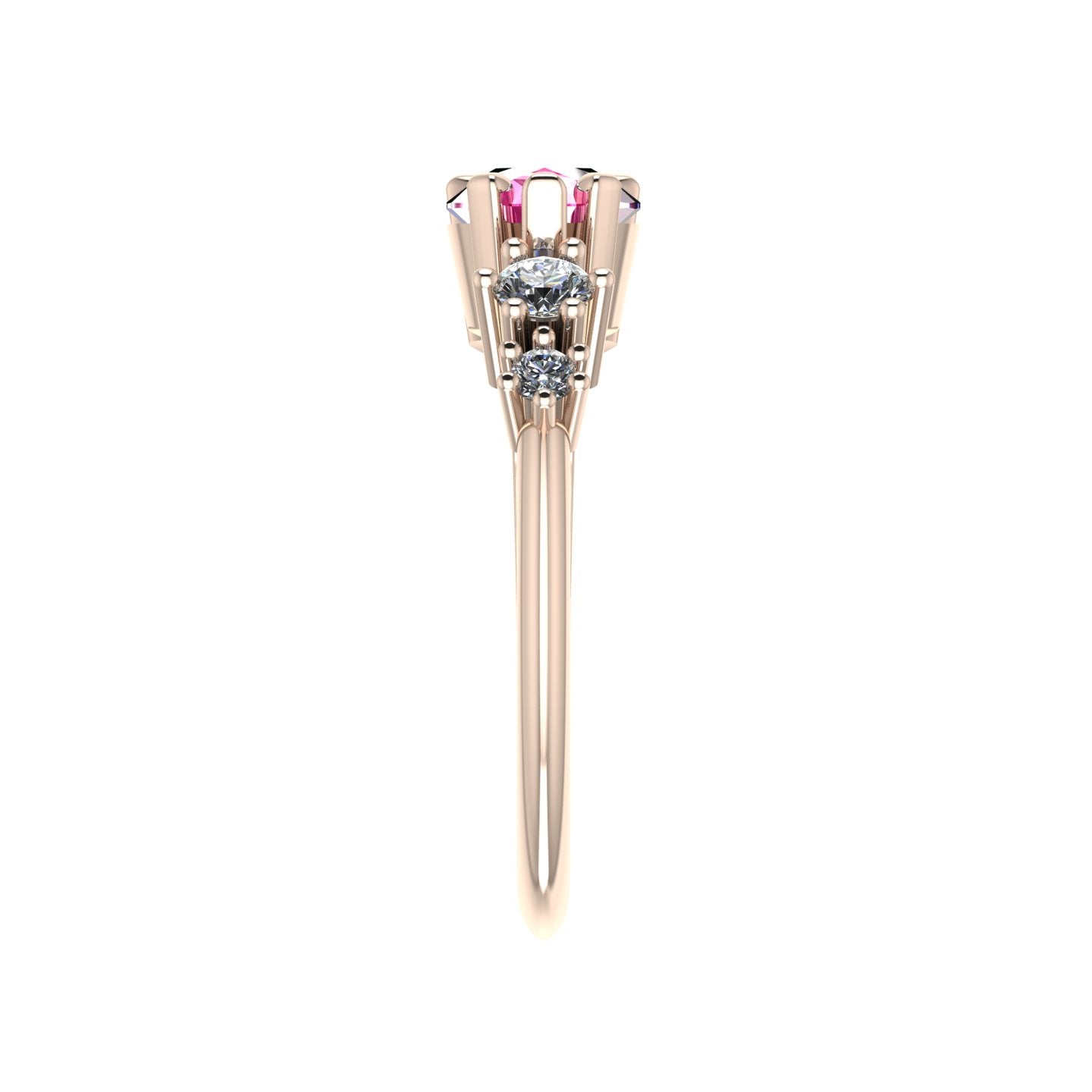 Comet Ring: Pear Shaped Pink Sapphire & Diamonds Rose Gold Trilogy Ring