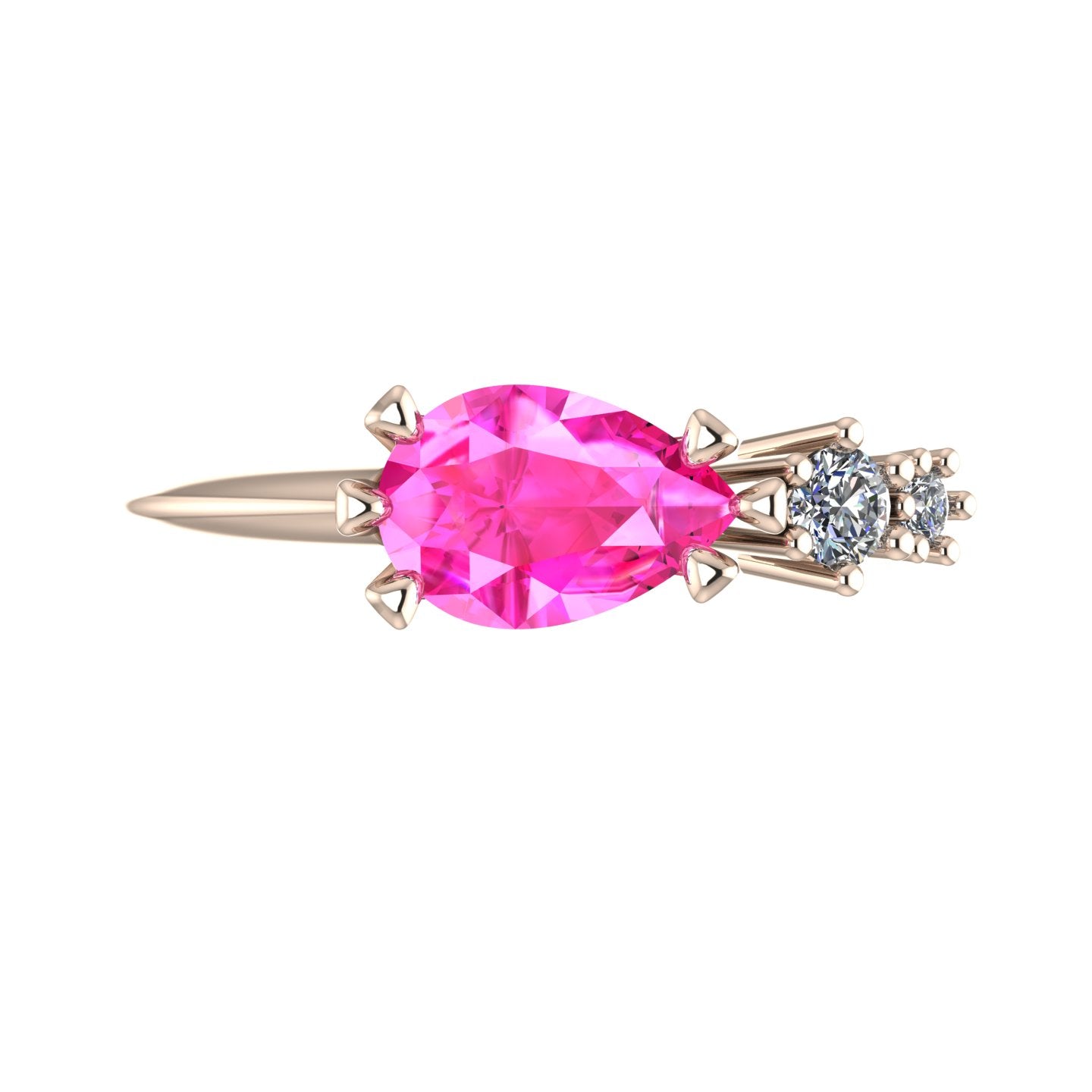 Comet Ring: Pear Shaped Pink Sapphire & Diamonds Rose Gold Trilogy Ring